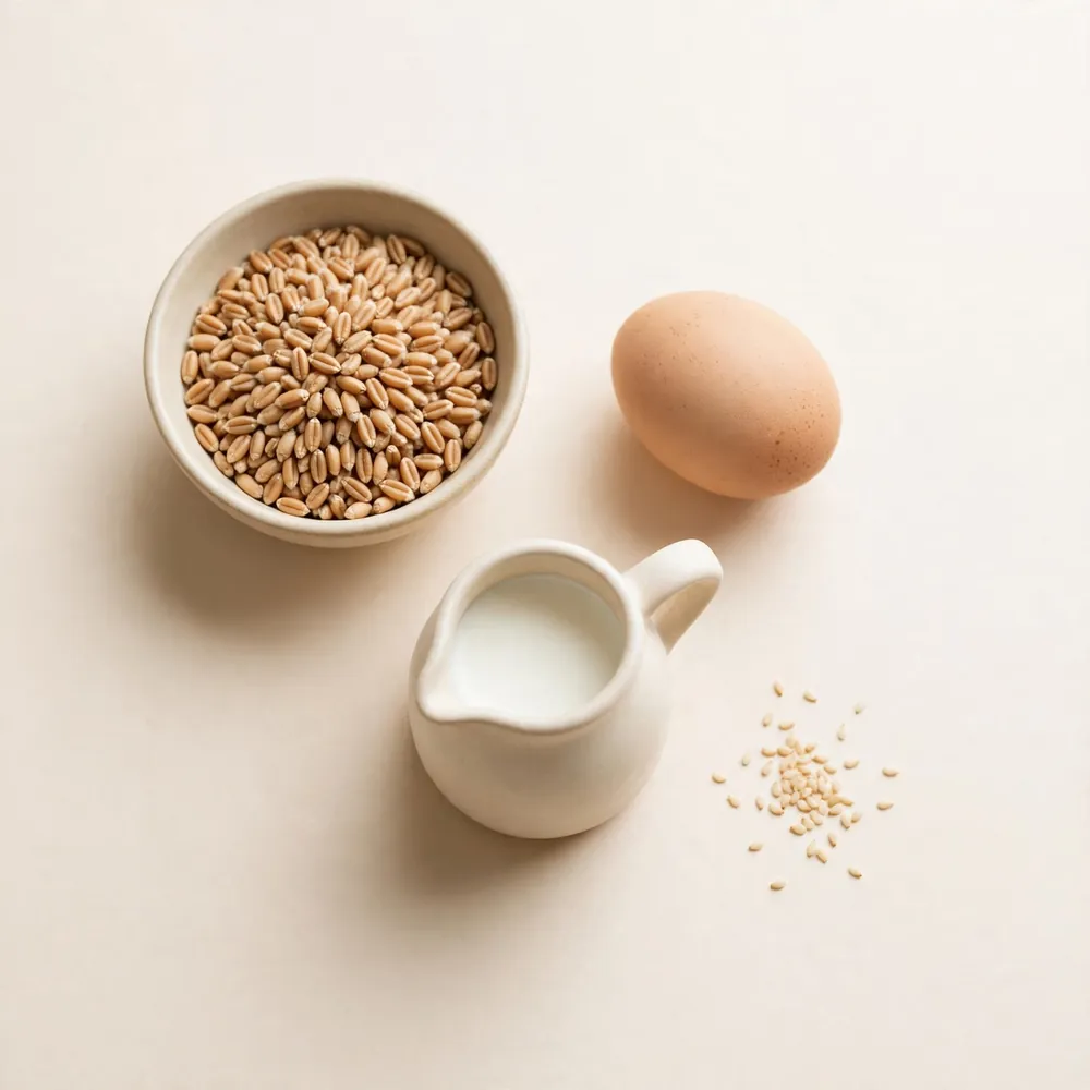 Wheat, an egg, milk and sesame
