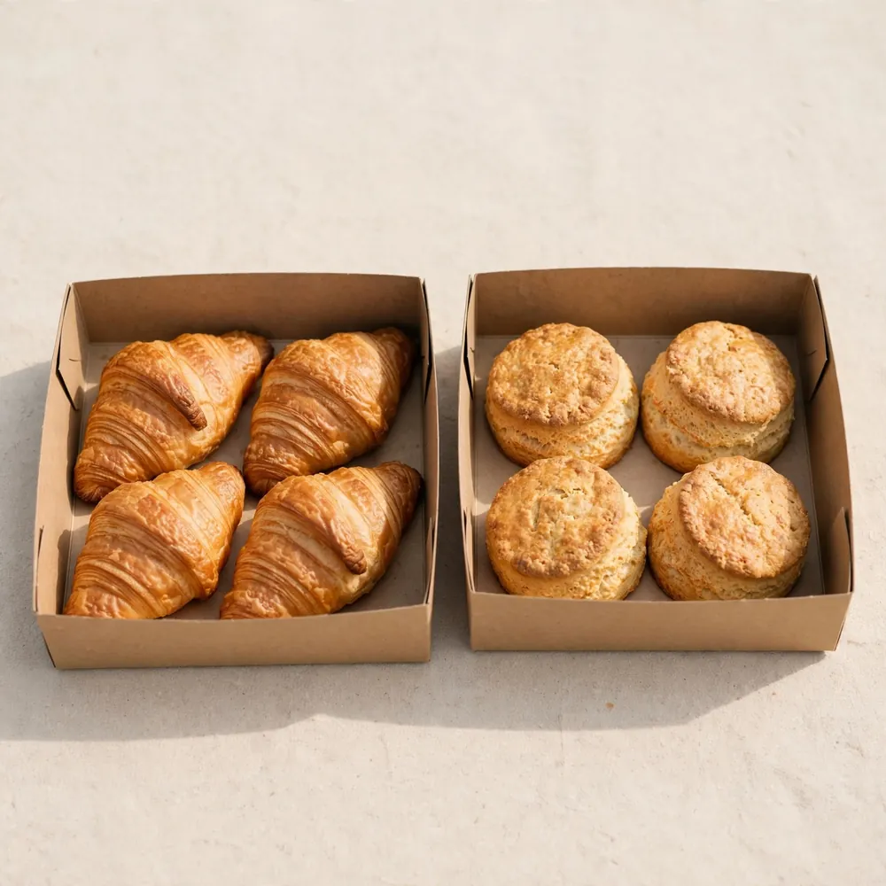 Croissants and scones in boxes