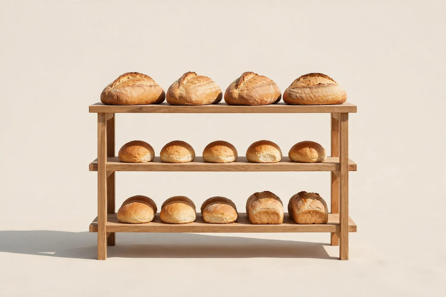 Bread and buns on bakery shelves