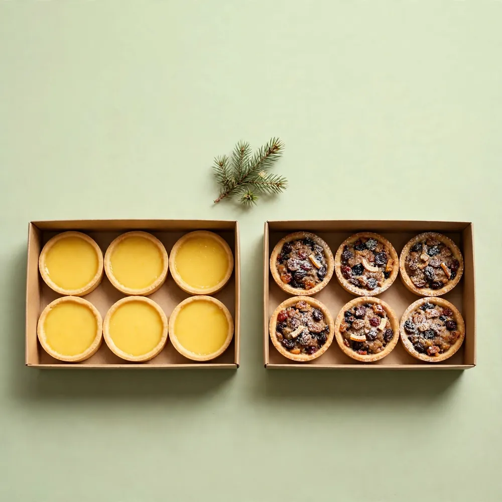 Lemon and fruit mince tarts in boxes