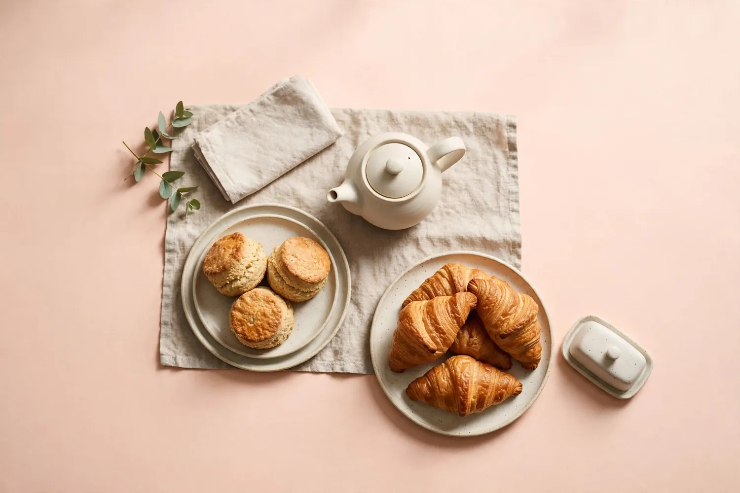 A community hall table with scones and croissants