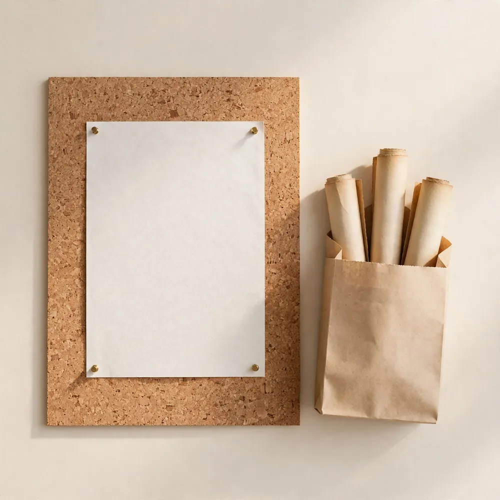 A blank flyer on a cork board