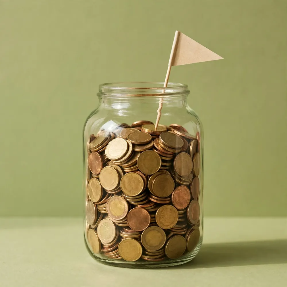 A jar of coins with a paper flag
