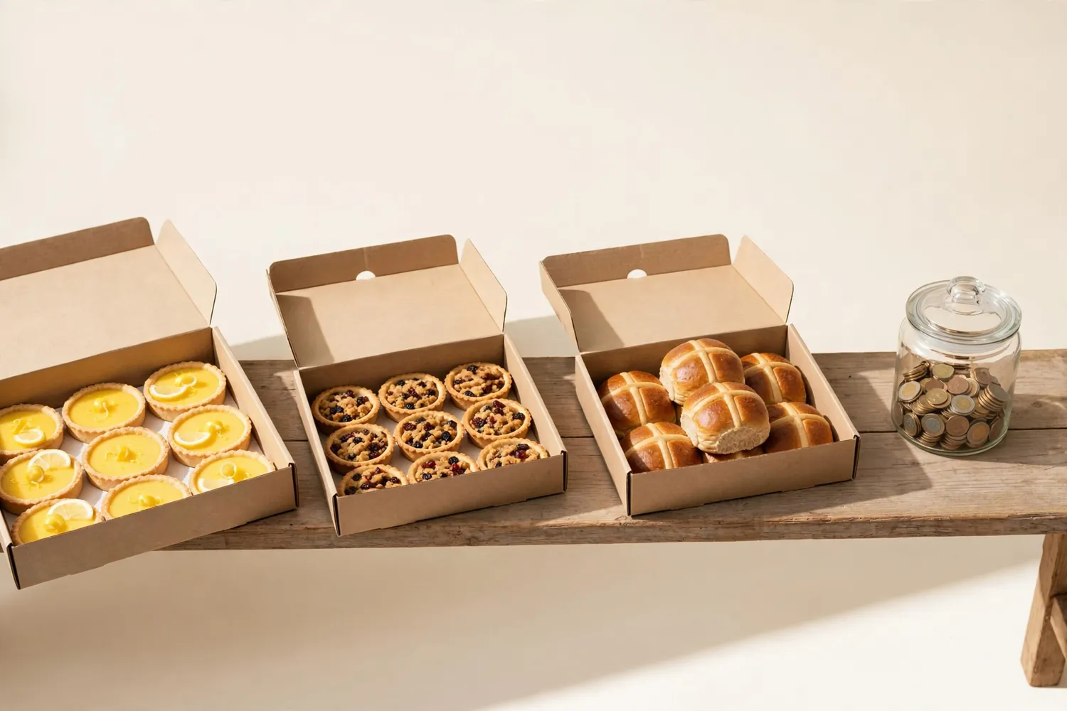 Boxes of tarts and buns on a table with a jar of coins