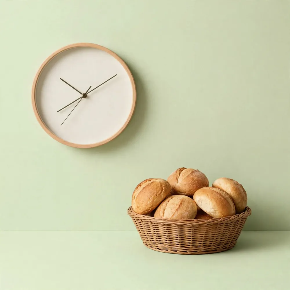 A clock and a basket of rolls