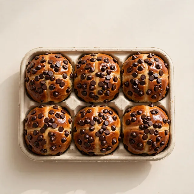 Six chocolate chip hot cross buns