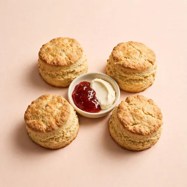Four scones with jam and cream