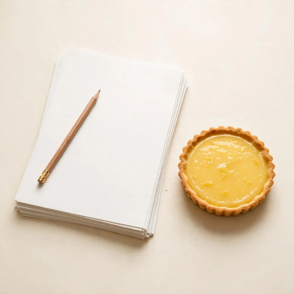 Blank info sheets and a tart