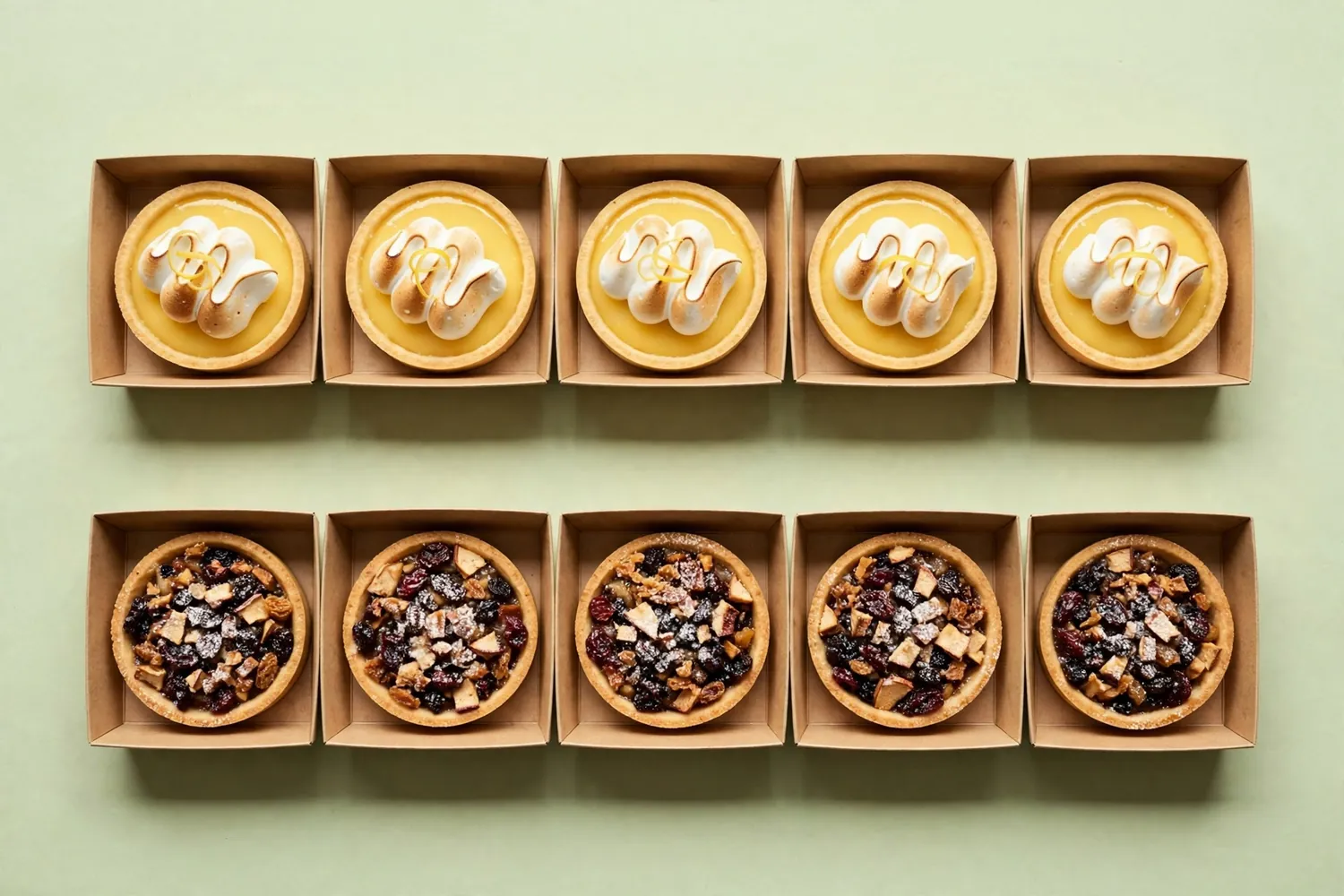 Two rows of boxed tarts